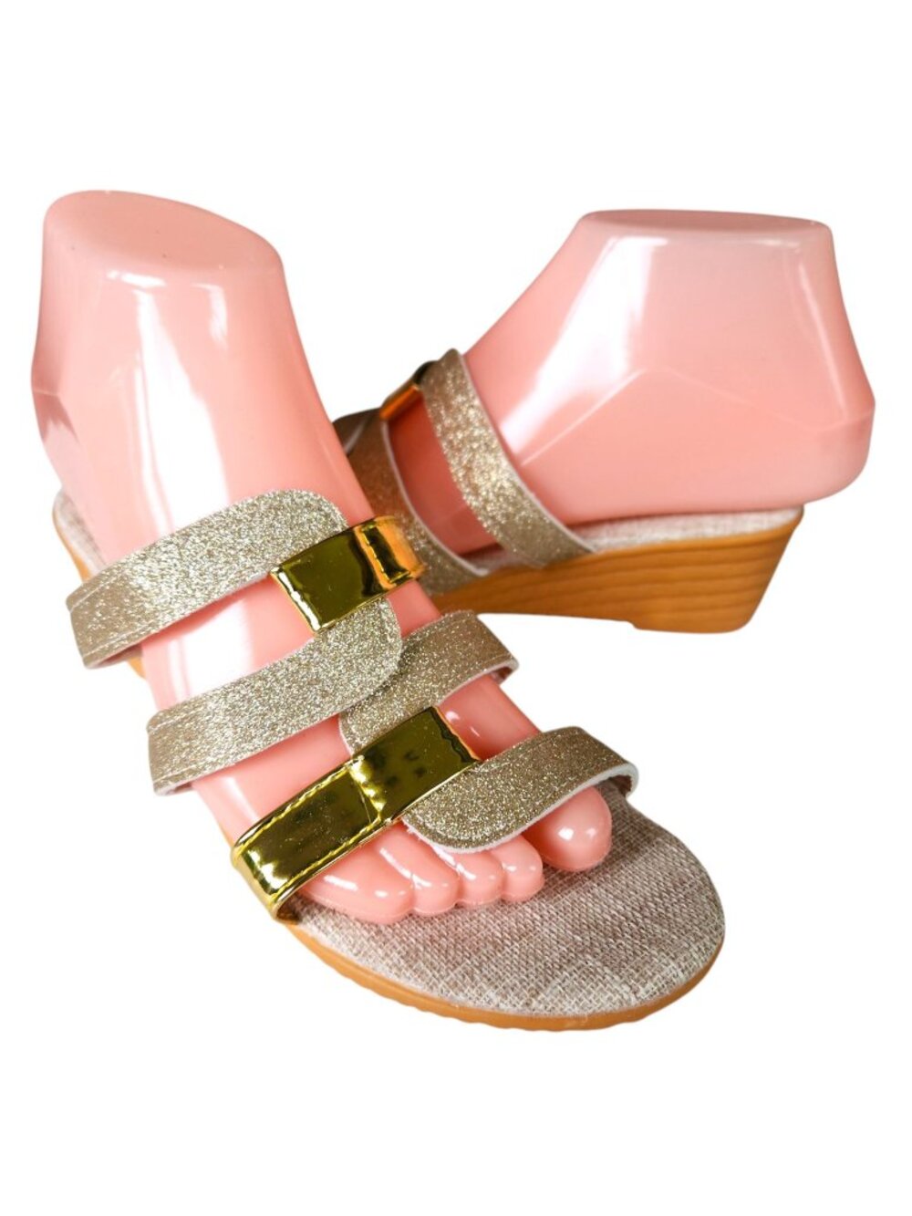 Gold Glitter & Metallic Womens Wedge Sandals Size 6.5 (Fits Like 7) 1.5" Heel